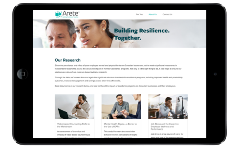 Homepage of Arete, Payworks HR advisory services partner opened on a tablet.