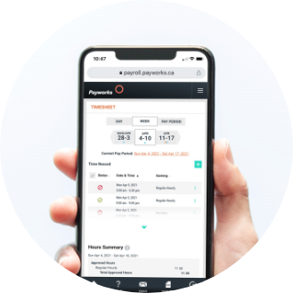 Employee Self Service module opened on a phone. Timesheet from employee self service Payworks application opened on mobile device.