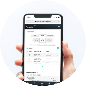 Timesheet from employee self service Payworks application opened on mobile device.