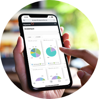 Tableau de bord de rapports, du module Analytique de l’application Payworks, ouvert sur un cellulaire.