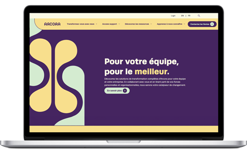 Page d’accueil d’Arcora, partenaire de Payworks pour les services de consultation en RH, ouverte sur un ordinateur portable.