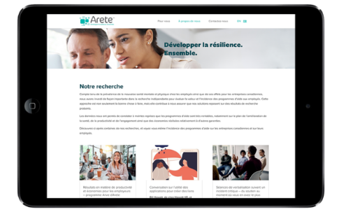 Page d’accueil d’Arete, partenaire de Payworks pour les services de consultation en RH, ouverte sur une tablette.